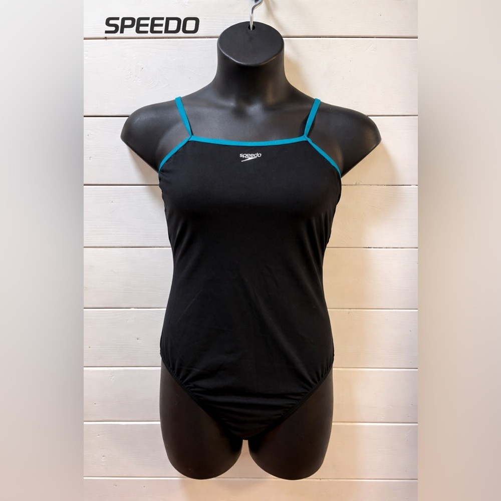 SPEEDO Black One-Piece Swimsuit Teal Trim Size 12
